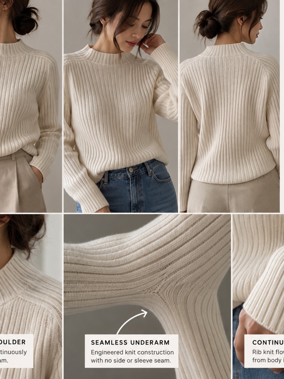 SORI Cashmere Wool Seamless Ribbed Mock Neck Sweater Ivory XS/S